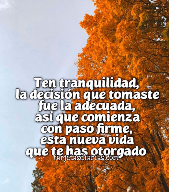 TEN TRANQUILIDAD, LA DECISIÓN QUE TOMASTE FUE LA ADECUADA, ASÍ QUE COMIENZA CON PASO FIRME, ESTÁ NUEVA VIDA QUE TE HAS OTORGADO